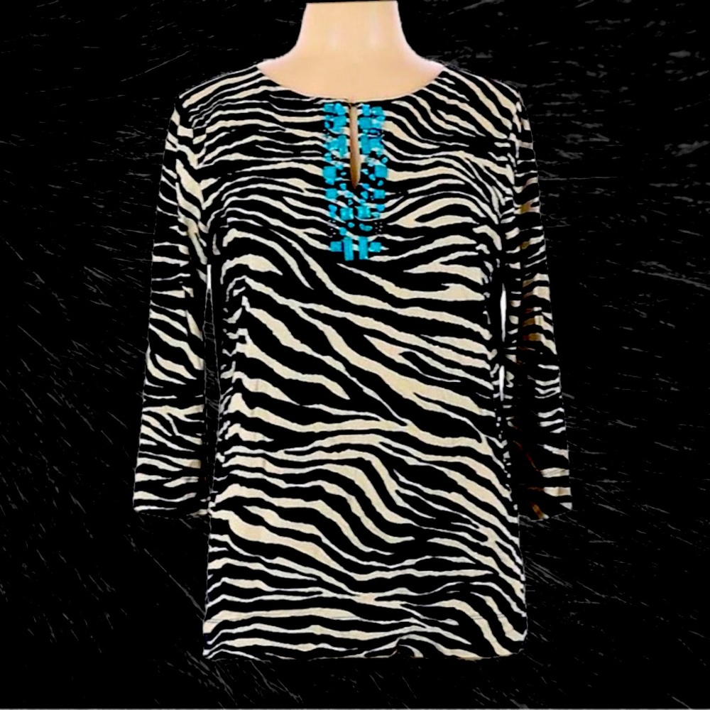 Jones New York Zebra Tunic-style top with Turquoise-detailed Collar